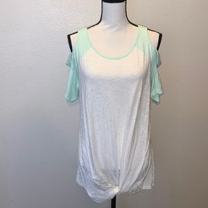 Maurices 24/7 white open off shoulder front knot shirt